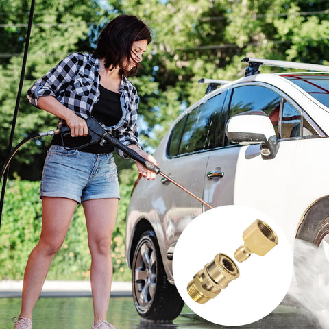 Gosknor 4-pc M22-15mm to 1/4in pressure washer adapters with quick-disconnect brass fittings; person washing car.