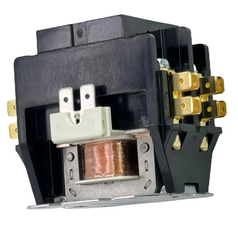 Close-up of Compact 208V-240V 40A DPST Contactor For HVAC And Commercial Appliances, highlighting brass connectors and coil.