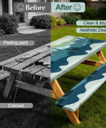 Before and after of picnic table with Waterproof Windproof Picnic Table Cover With Bench Covers 3 Piece Set For Standard 6 Foot Rectangular Tables And Benches Fitted 72 By 30 Tablecloth And 72 By 12 Bench Covers Includes Drawstring Bag For Outdoor Camping Green Blue