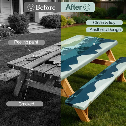 Before and after of picnic table with Waterproof Windproof Picnic Table Cover With Bench Covers 3 Piece Set For Standard 6 Foot Rectangular Tables And Benches Fitted 72 By 30 Tablecloth And 72 By 12 Bench Covers Includes Drawstring Bag For Outdoor Camping Green Blue