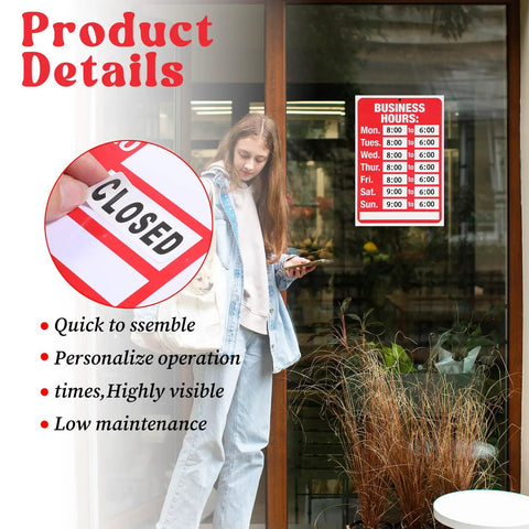 Two Piece Open Closed Sign Kit For Glass Doors And Windows In Bright Red And White, Hours Of Operation Signs For Businesses