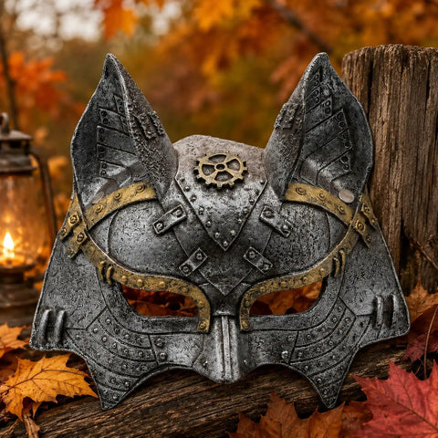 Rad Steampunk Fox Half Mask With Retro Gears And Rivets For Halloween Costume Party, unique metal gear design with silver and gold accents.