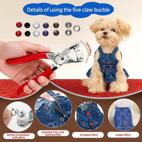 Fresh Threads Pearl Snap Button Kit With 5 Prong Fasteners And Heavy Duty Plier used for pet clothing repairs and installations.