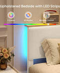 Ultimate Cozy Queen Size Bed Frame Crafted From Plush Beige Corduroy Upholstery With Hidden Storage Headboard Ambient Led Strip Lights, beige upholstery with LED strips.