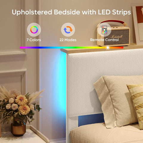 Ultimate Cozy Queen Size Bed Frame Crafted From Plush Beige Corduroy Upholstery With Hidden Storage Headboard Ambient Led Strip Lights, beige upholstery with LED strips.