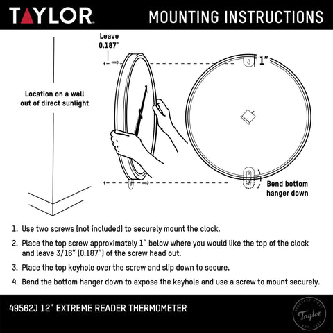 Metal Wall Thermometer For Indoor And Outdoor Use With 12 Inch Dial And Easy To Read Large Numbers Ideal For Patio Pool Or Indoor Spaces Weather Resistant And Shatterproof Construction. Mounting instructions diagram for 12-inch wall thermometer