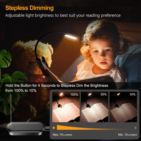 Rechargeable Clip On Reading Light With 16 LED, illuminating child's bedtime story, showcasing stepless dimming feature for eye care.