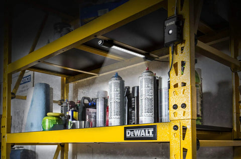 Motion Activated LED Magnetic Shelving Light Kit For Garages And Workshops illuminating yellow shelves