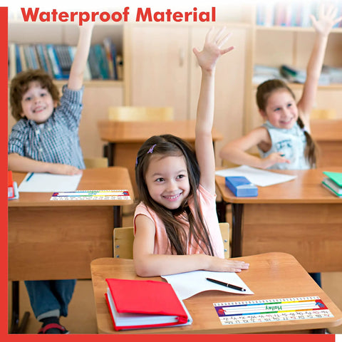 School children using 40 Pack Waterproof Desk Name Plates With Alphabet And Number Line 1-30 Traditional Manuscript Style, classroom.