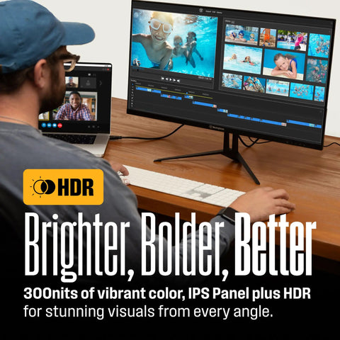 Person using 22-Inch Slick FHD IPS Gaming Monitor with 100Hz refresh, 1ms response time, HDR, eye care, built-in speakers, VESA mountable.