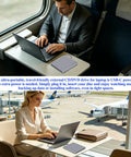 USB C External SuperDrive For Mac Slot In DVD RW Drive Aluminum Space Grey Compatible With Apple MacBooks Desktops Ultra Slim Aluminum Casing With Fingerprint Resistant Finish And Easy Plug And Play USB C Connection. shown with MacBook in airport lounge