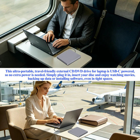 USB C External SuperDrive For Mac Slot In DVD RW Drive Aluminum Space Grey Compatible With Apple MacBooks Desktops Ultra Slim Aluminum Casing With Fingerprint Resistant Finish And Easy Plug And Play USB C Connection. shown with MacBook in airport lounge