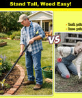 Man using a stainless steel stirrup weeder hoe with sharp push pull blade, adjustable 30 to 54 inch stand up loop garden tool for weeding