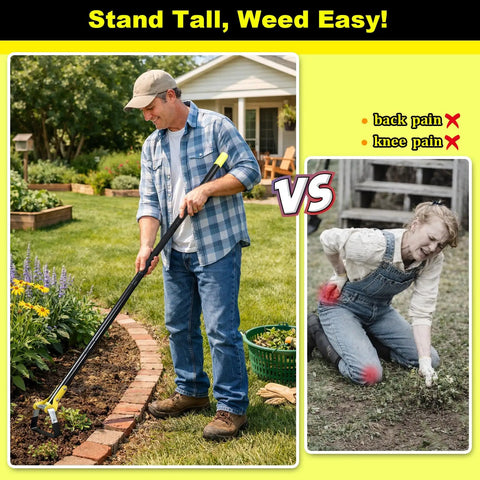 Man using a stainless steel stirrup weeder hoe with sharp push pull blade, adjustable 30 to 54 inch stand up loop garden tool for weeding