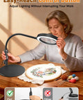 Pro Grade LED Magnifier With Light And Flexible Gooseneck 30x 10x Dual Zoom Five Color Modes Stepless Dimmable Brightness Optical HD Lens Hands Free Loupe For Close Work Craft Hobby Painting Jewelry Making beside embroidery