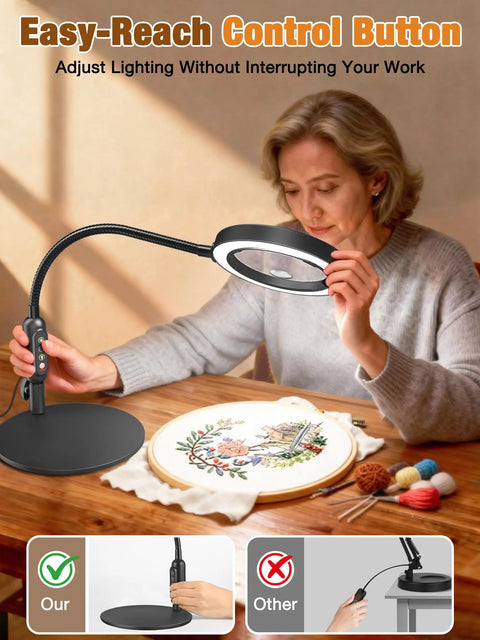 Pro Grade LED Magnifier With Light And Flexible Gooseneck 30x 10x Dual Zoom Five Color Modes Stepless Dimmable Brightness Optical HD Lens Hands Free Loupe For Close Work Craft Hobby Painting Jewelry Making beside embroidery