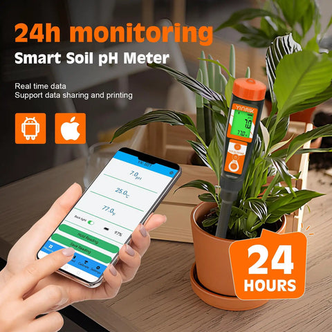 Person using smartphone with app and Super Easy Soil pH Tester For Gardens And Lawns With Fast Accurate Readings No Slurry Needed