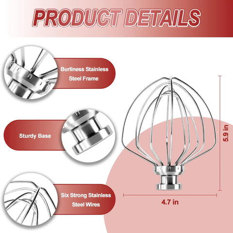 Stainless Steel 6 Wire Whip Attachment For KitchenAid Stand Mixer 4.5 Quart Tilt Head Dishwasher Safe Egg Cream Stirrer Flour Cake Balloon Whisk Replacement shown with detailed features.