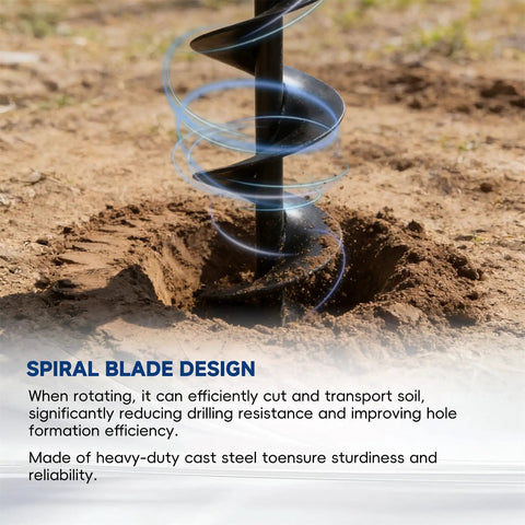 Close-up of Earth Auger Drill Bit 8 Inch Diameter By 31 Inch Length in soil, showcasing spiral garden hole digger.