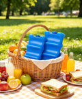 No Sweat Breast Milk Ice Packs Bpa Free Reusable Cooling Inserts For Nursing Bottles Pack Of Two in a picnic basket.