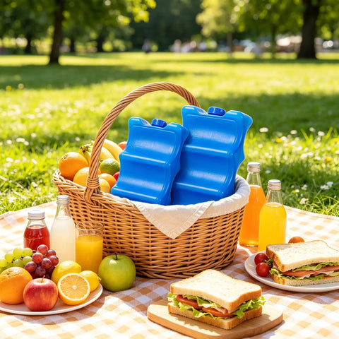 No Sweat Breast Milk Ice Packs Bpa Free Reusable Cooling Inserts For Nursing Bottles Pack Of Two in a picnic basket.