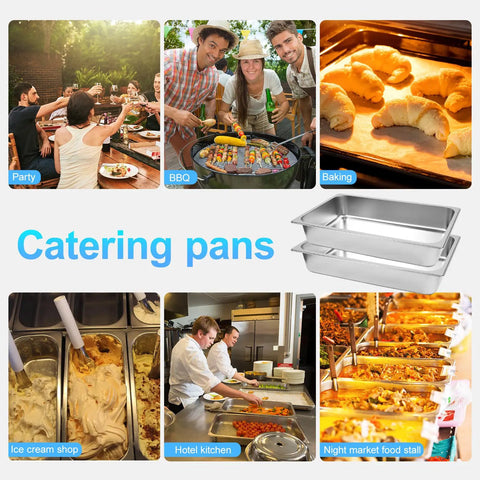 Collage showing 6 Pack Hotel Pans 1 By 1 Size 4 Inch Deep Stainless Steel Trays For Food 20.8 Inch Long By 13 Inch Wide