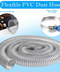 Flexible PVC Dust Hose coiled, showing its 2.5 Inch by 10 Feet size, ideal for dust collection in woodworking shops.