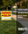 Attention Grabbing Garage Sale Sign Kit With Metal U Stakes Double Sided 14 by 22 Inches Includes Stakes Bold Eye-Poppin Colors To Catch Eyeballs Made In USA 10 Pack displayed on lawn with highlighted features.