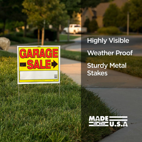 Attention Grabbing Garage Sale Sign Kit With Metal U Stakes Double Sided 14 by 22 Inches Includes Stakes Bold Eye-Poppin Colors To Catch Eyeballs Made In USA 10 Pack displayed on lawn with highlighted features.