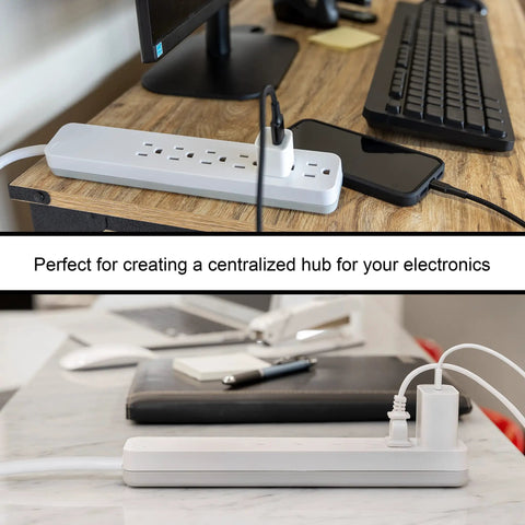 Six-Outlet Surge Protector Power Strip With Four-Foot Extension Cord, 840 Joules Of Surge Protection in office setting