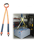 Heavy Duty Forklift Battery Lifting Sling With 12 Inch Wire Hook And Round Ring, Vinyl Coated Hooks, Orange, in use