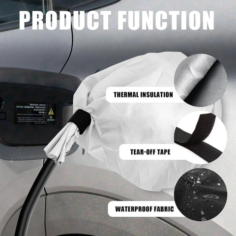 Heavy Duty Transparent EV Charger Port Cover With Slick Magnetic Closure No Sweat All Weather Shield Against Rain Snow UV Poly Fabric Protector For Electric Vehicles showing thermal insulation and waterproof fabric features.