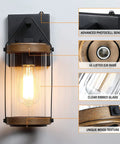 2 Pack Dusk To Dawn Outdoor Wall Light Fixtures With Photocell Sensor, showing clear ribbed glass and wood texture design.