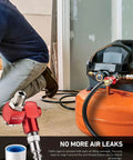 2 Pack 1/4 Inch NPT Swivel Air Hose Fittings, 360 Degree Rotation, connected to a portable air compressor, showing no-kink performance.