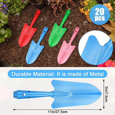 20 Pack Mini Colorful Metal Hand Shovels And Trowels Set For Transplanting And Garden Digging, 11 By 3 Inch Shovels In Four Colors
