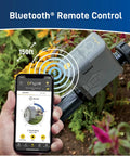Gen 2 Smart Hose Watering Timer with Bluetooth control displayed with mobile app interface in garden setting