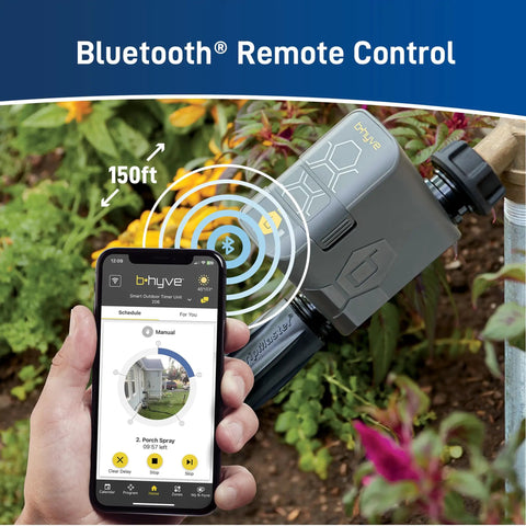 Gen 2 Smart Hose Watering Timer with Bluetooth control displayed with mobile app interface in garden setting