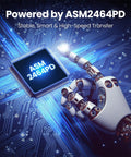 Powered by ASM2464PD microchip on circuit board, showcasing technology for Blazing Fast External Ssd Enclosure For M2 Nvme Drives Featuring Usb 4 And Thunderbolt 4 Plug And Play Setup With Heavy Duty Aluminum Quiet Cooling Design.