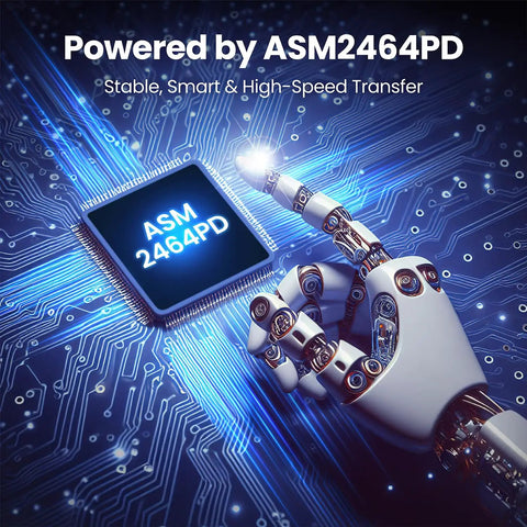 Powered by ASM2464PD microchip on circuit board, showcasing technology for Blazing Fast External Ssd Enclosure For M2 Nvme Drives Featuring Usb 4 And Thunderbolt 4 Plug And Play Setup With Heavy Duty Aluminum Quiet Cooling Design.
