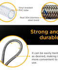 Ultra Wide 4 Ft Washing Machine Hose Set With Straight Connectors Three Quarter Inch NPT Fittings Stainless Steel PVC Build features strong and durable stainless steel braid and flexible PVC tube.