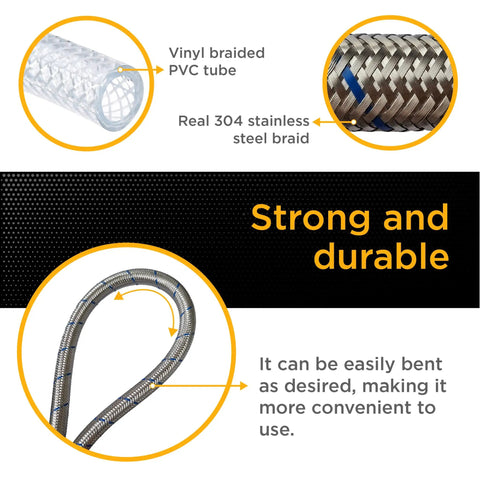Ultra Wide 4 Ft Washing Machine Hose Set With Straight Connectors Three Quarter Inch NPT Fittings Stainless Steel PVC Build features strong and durable stainless steel braid and flexible PVC tube.