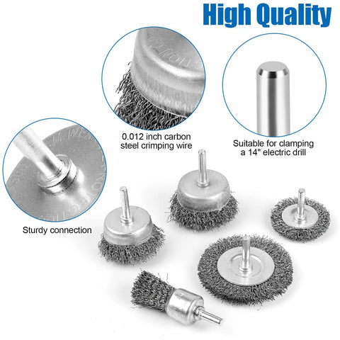 5 Piece Drill Wire Brush Set For Rust Removal And Surface Stripping With 0.012 Inch Carbon Steel Wire And 1/4 Inch Arbor