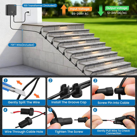 Eight Inch Retaining Wall Step Lights With Five Watt LED And One Hundred Watt Transformer IP68 Outdoor Hardscape Lighting Kit installation steps