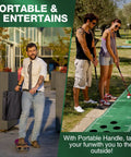 Indoor Putting Green Mat Set With Adjustable Putters, 2 Balls, 12 Hole Covers, golfers using mat outdoors, man with carrying case