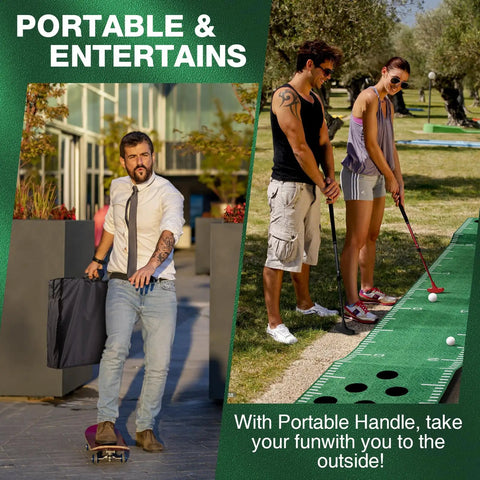 Indoor Putting Green Mat Set With Adjustable Putters, 2 Balls, 12 Hole Covers, golfers using mat outdoors, man with carrying case