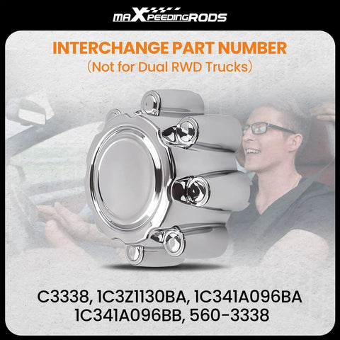 Chrome 8 Lug Wheel Center Hub Caps For Ford F250 F350 Super Duty 1999-2005 And Excursion 2000-2005 shown with part numbers.