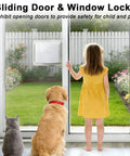 Child and pets looking out glass door secured with 2 Pack Sliding Door Lock for Glass Doors and Windows, Child Safety Lock for Patio Doors and Closets, No Drilling Required, Easy to Install, Gives Enhanced Security and Prevents Accidental Opening by Children or Pets.
