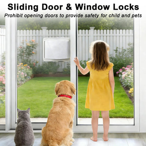 Child and pets looking out glass door secured with 2 Pack Sliding Door Lock for Glass Doors and Windows, Child Safety Lock for Patio Doors and Closets, No Drilling Required, Easy to Install, Gives Enhanced Security and Prevents Accidental Opening by Children or Pets.