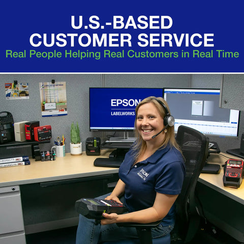U.S.-based customer service representative holding the Built Tough Handheld Industrial Label Maker Kit featuring Slick Rollback Technology.