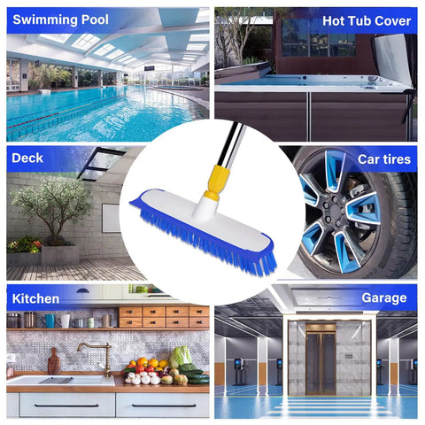 Extendable Floor Scrub Brush 12 Inch Wide Heavy Duty Grime Busting Two In One Scrub And Squeegee Deck Brush in various cleaning scenarios